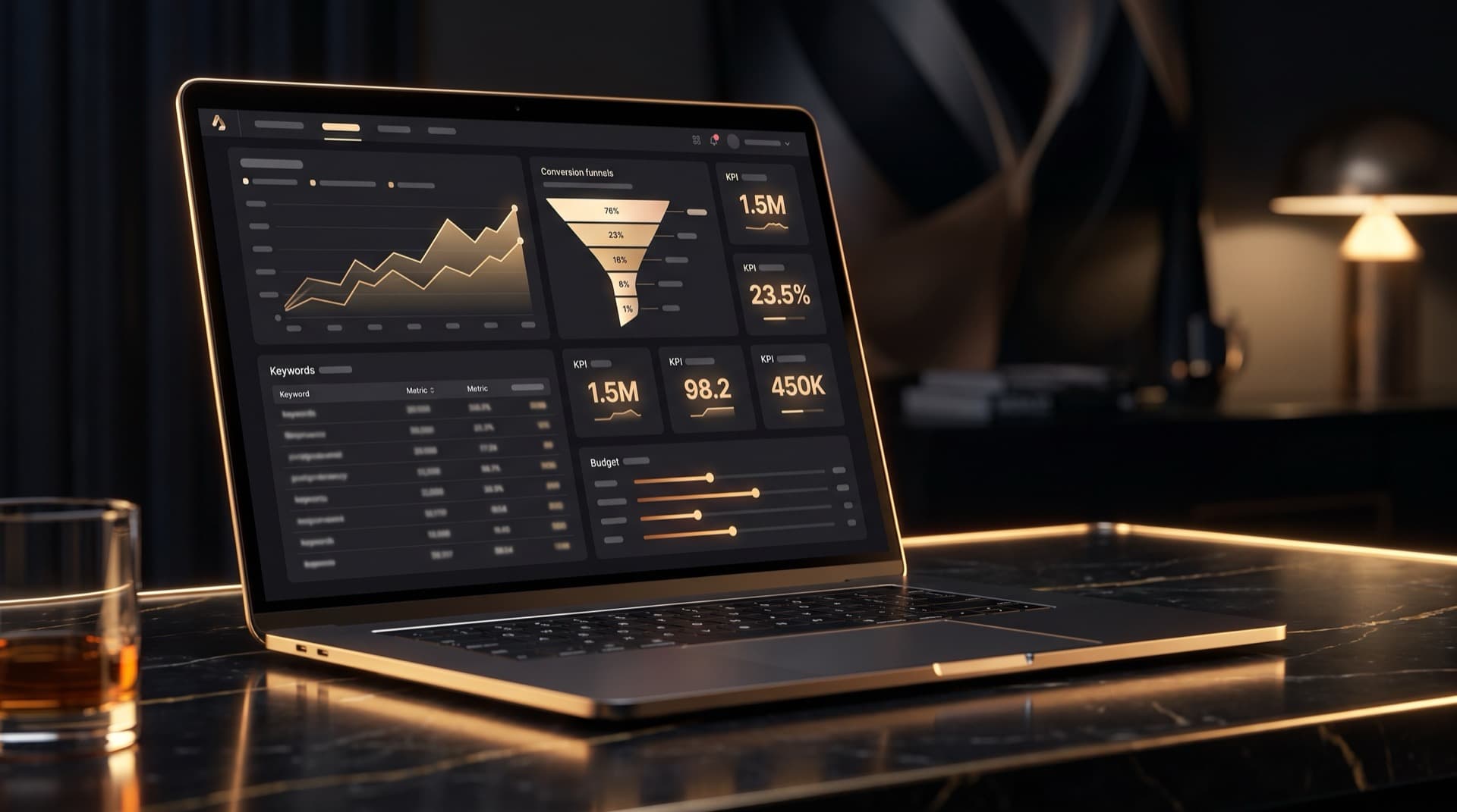 Advertising analytics dashboard with campaign charts, conversion funnel and budget controls
