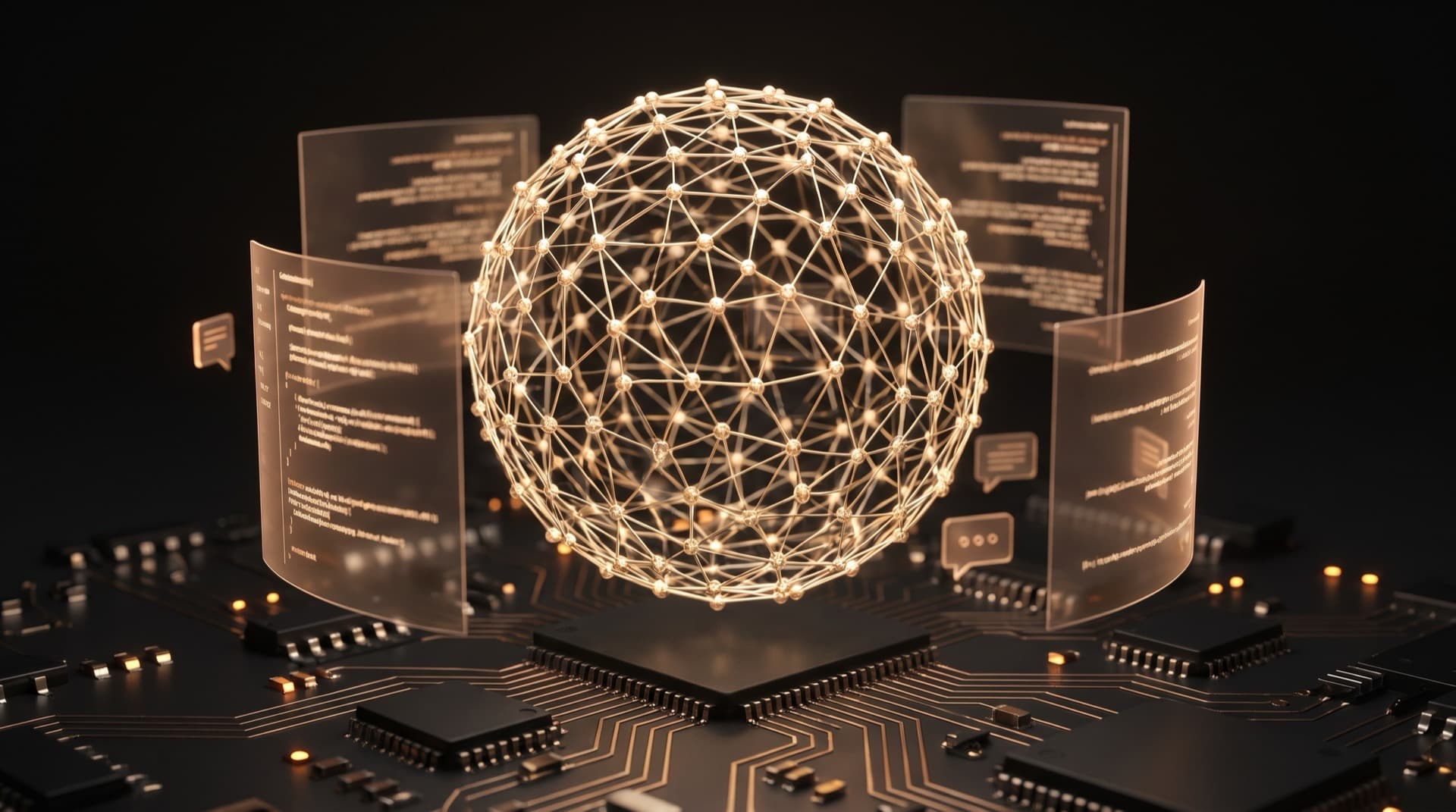 AI agent neural network core above a motherboard with code panels