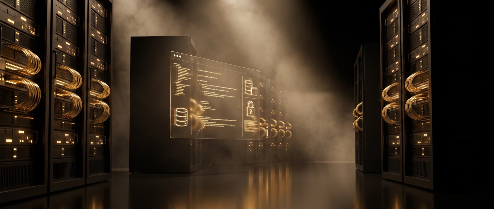 Server room with gold fiber cabling and a holographic terminal showing code, databases and encryption